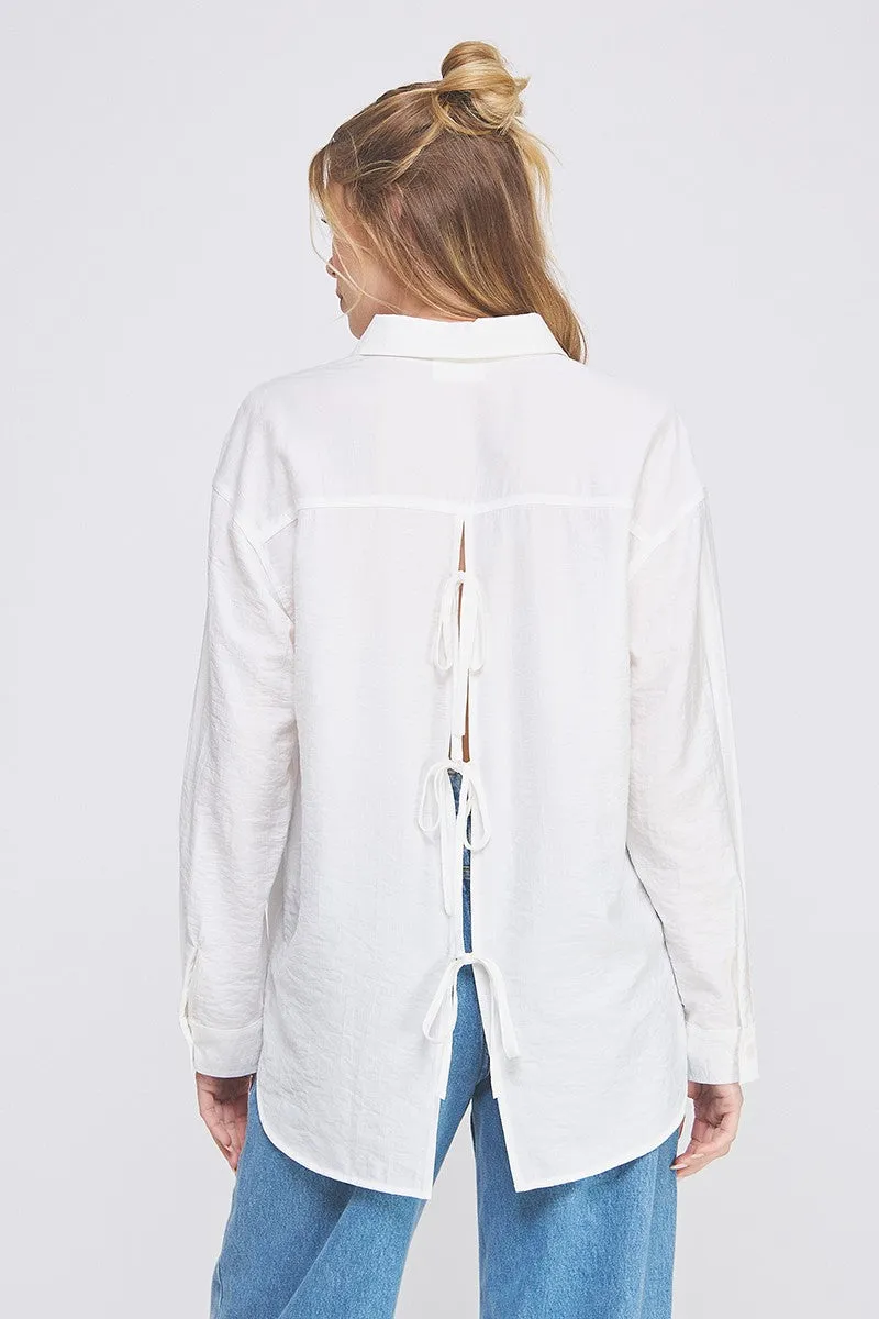 textured woven button up shirt w/ back ties
