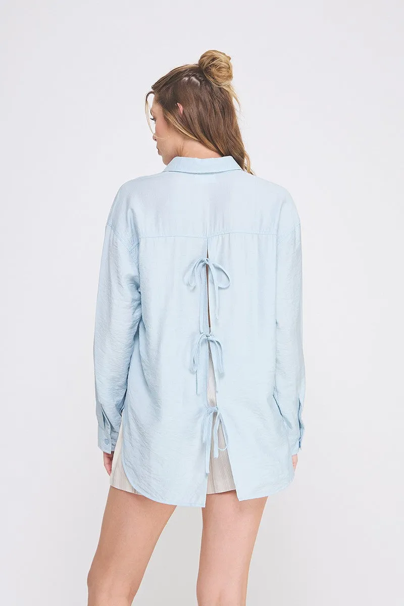 textured woven button up shirt w/ back ties