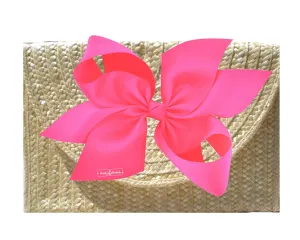 The Vineyard Straw Clutch with Interchangeable Bow -Hot Pink