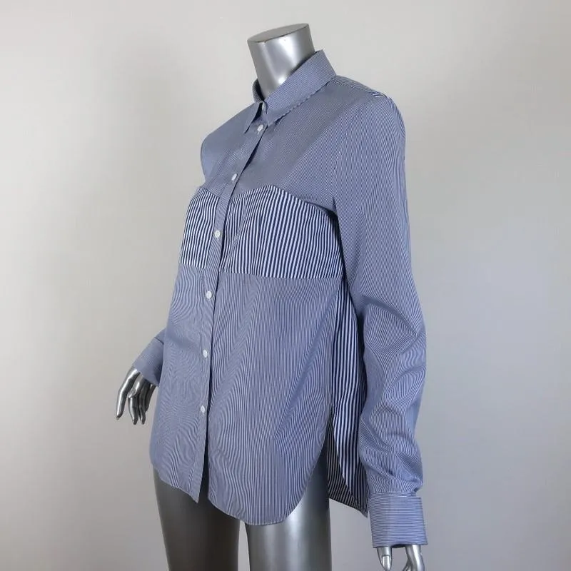 Tibi Striped Button Down Shirt Blue/White Size 6 Long Sleeve Top
