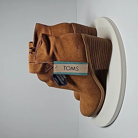 Toms Constance Booties Ankle Boots Stacked Heel Suede Leather Ortholite Tan 7.5