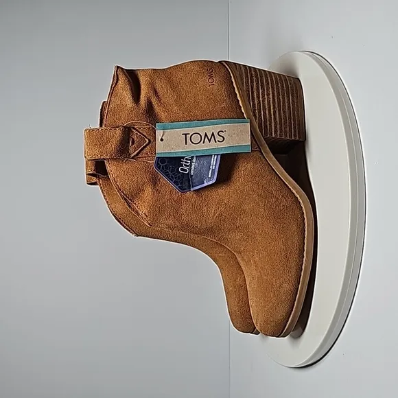 Toms Constance Booties Ankle Boots Stacked Heel Suede Leather Ortholite Tan 7.5