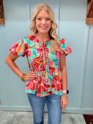 Tropical Print Bow Tie Shirt