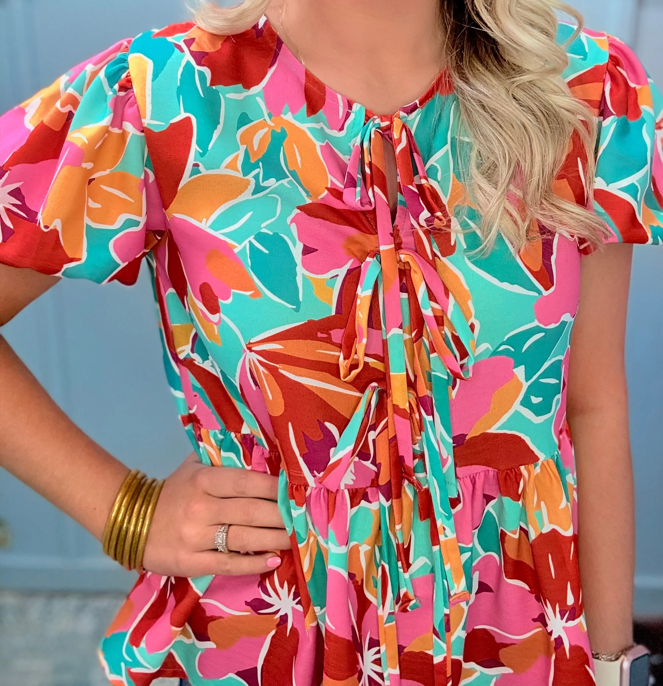 Tropical Print Bow Tie Shirt