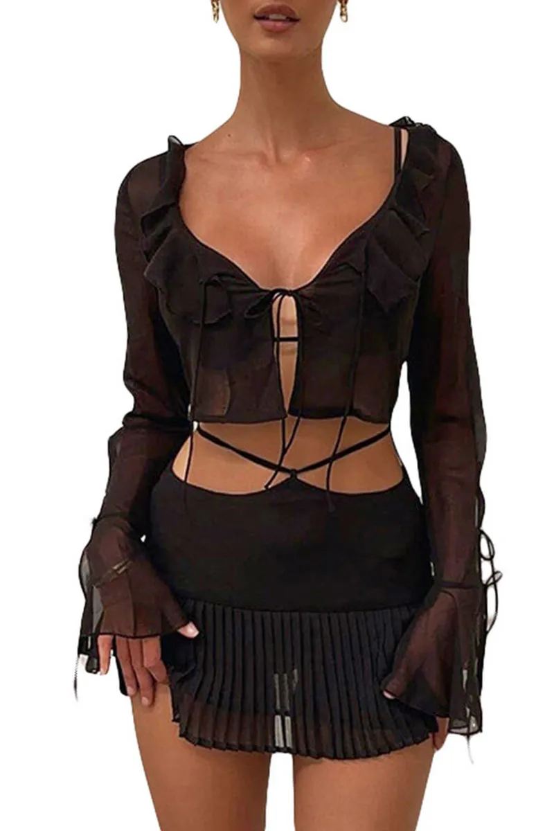 UI807 Ruffled Top and Pleated Skirt