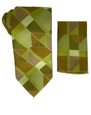 Venturi Uomo Geometric Tie and Handkerchief - Green