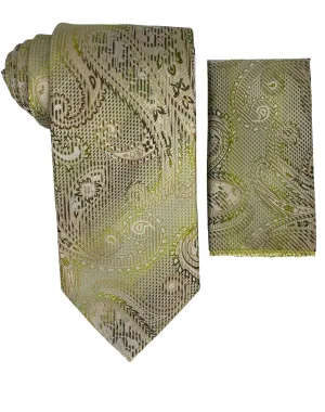 Venturi Uomo Paisley Tie and Handkerchief - Tan & Green