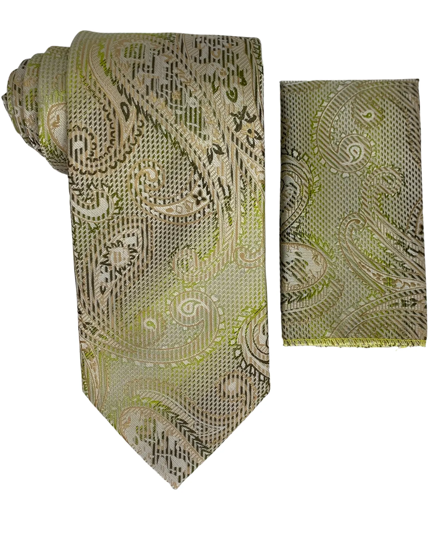 Venturi Uomo Paisley Tie and Handkerchief - Tan & Green