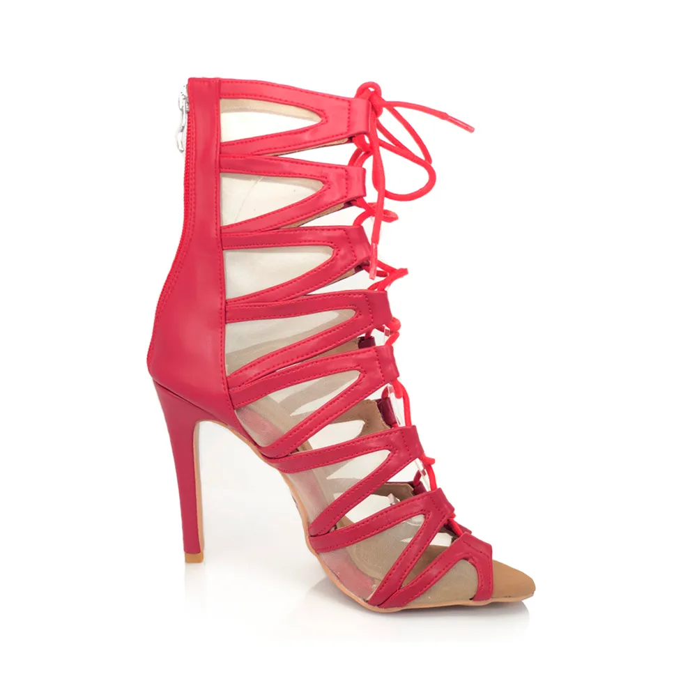 Vikky - Strappy Mesh Cutout Lace Up Ankle Dance Booties (Street Sole)