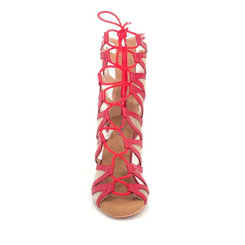 Vikky - Strappy Mesh Cutout Lace Up Ankle Dance Booties (Street Sole)