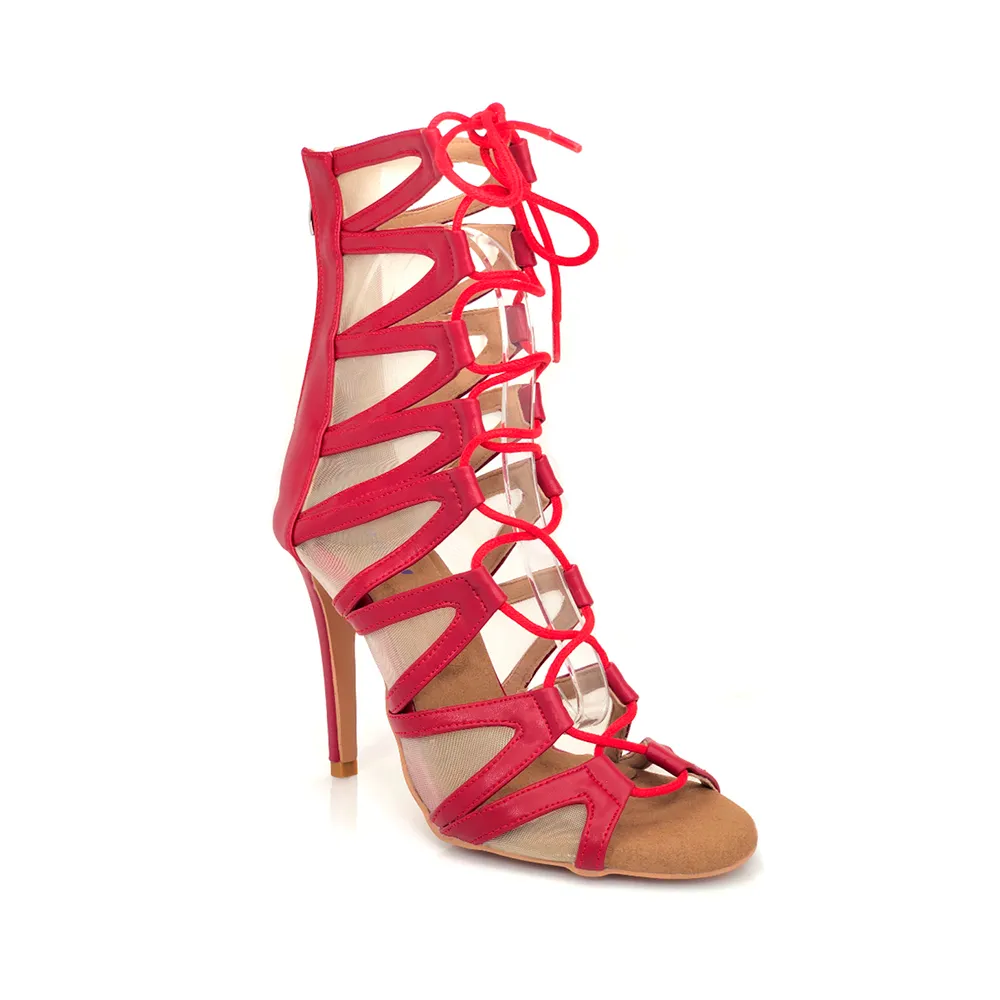 Vikky - Strappy Mesh Cutout Lace Up Ankle Dance Booties (Street Sole)
