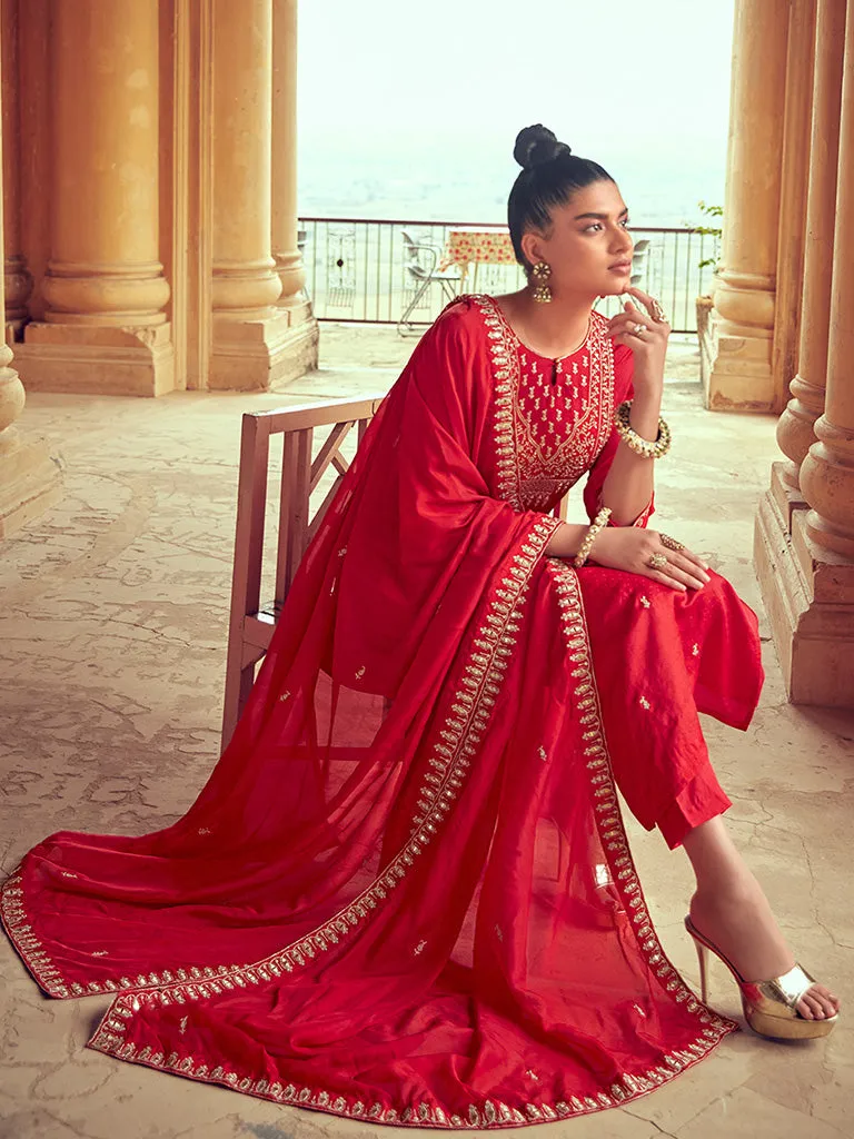 Women Red Straight Embroidered Kurta With Pants And Dupatta