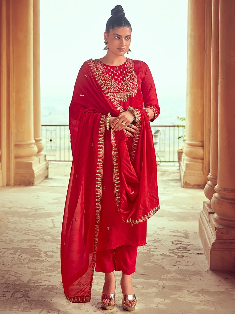 Women Red Straight Embroidered Kurta With Pants And Dupatta