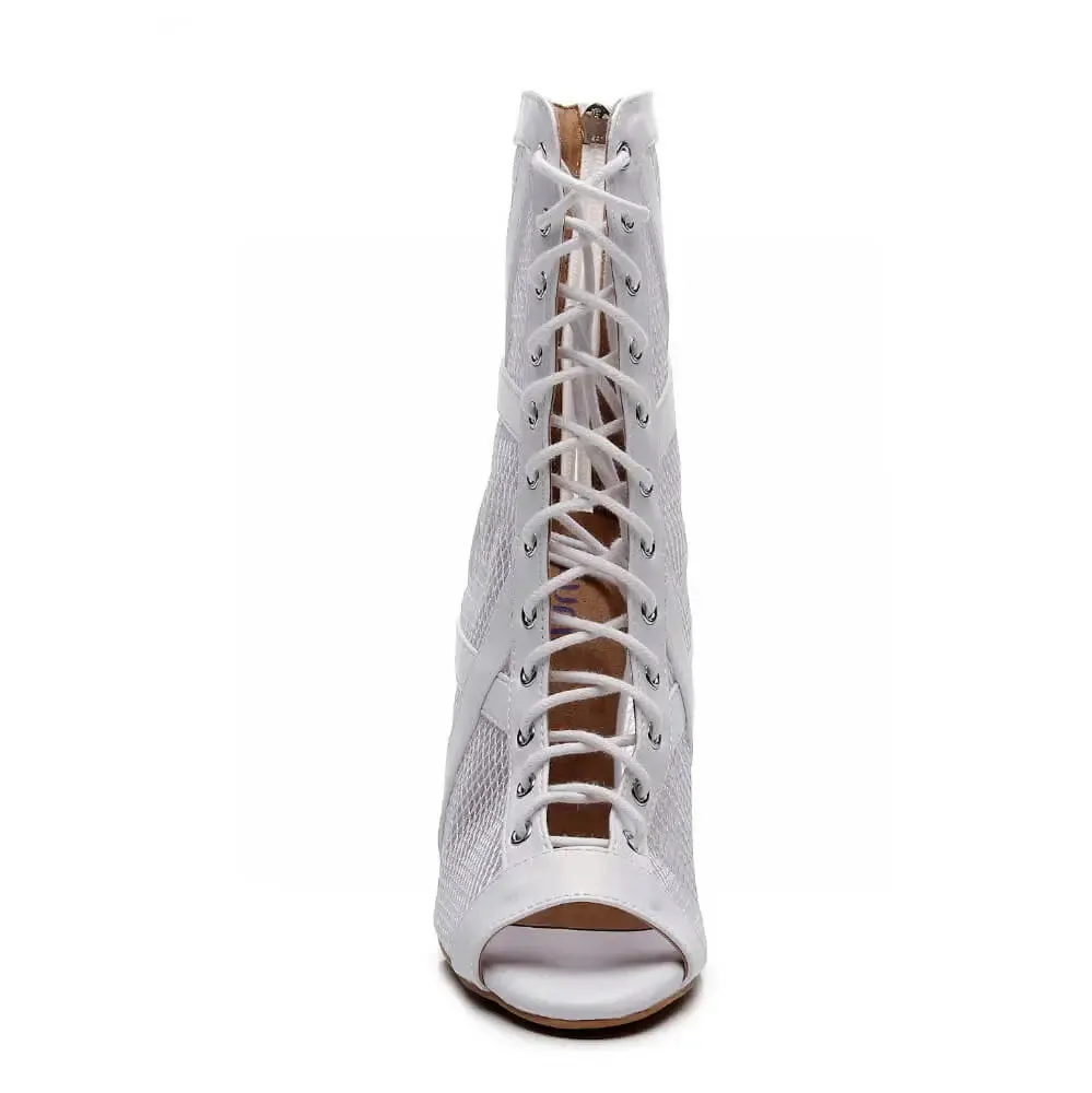 Xiomara - Vegan Leather and Mesh Cross Design Lace Up Latin Dance Booties (Street Sole)
