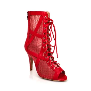 Xiomara - Vegan Leather and Mesh Cross Design Lace Up Latin Dance Booties (Street Sole)