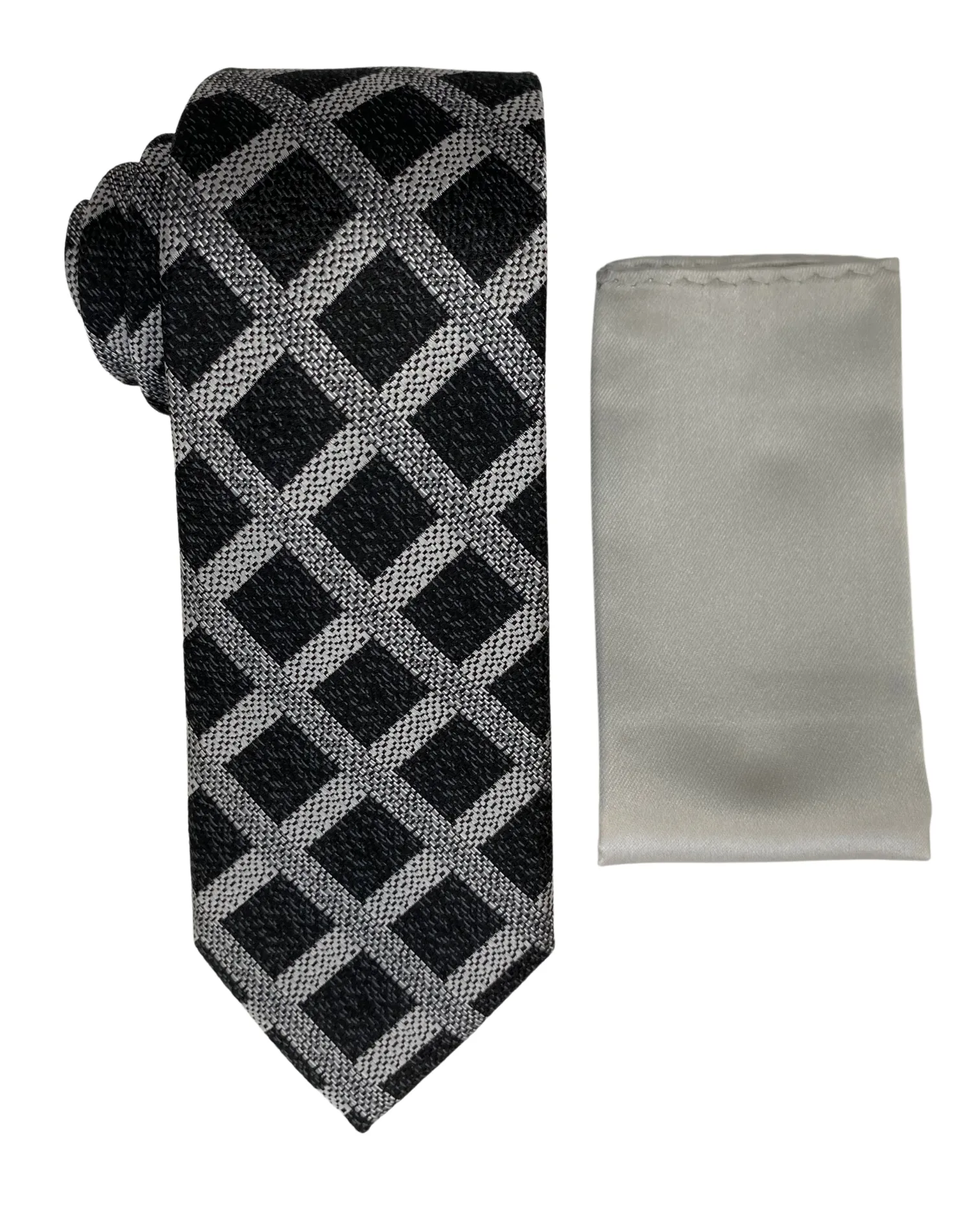 Zenio Geometric Tie and Handkerchief - Black & Gray
