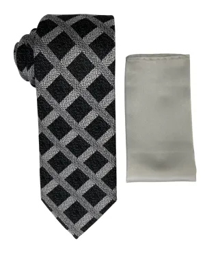 Zenio Geometric Tie and Handkerchief - Black & Gray